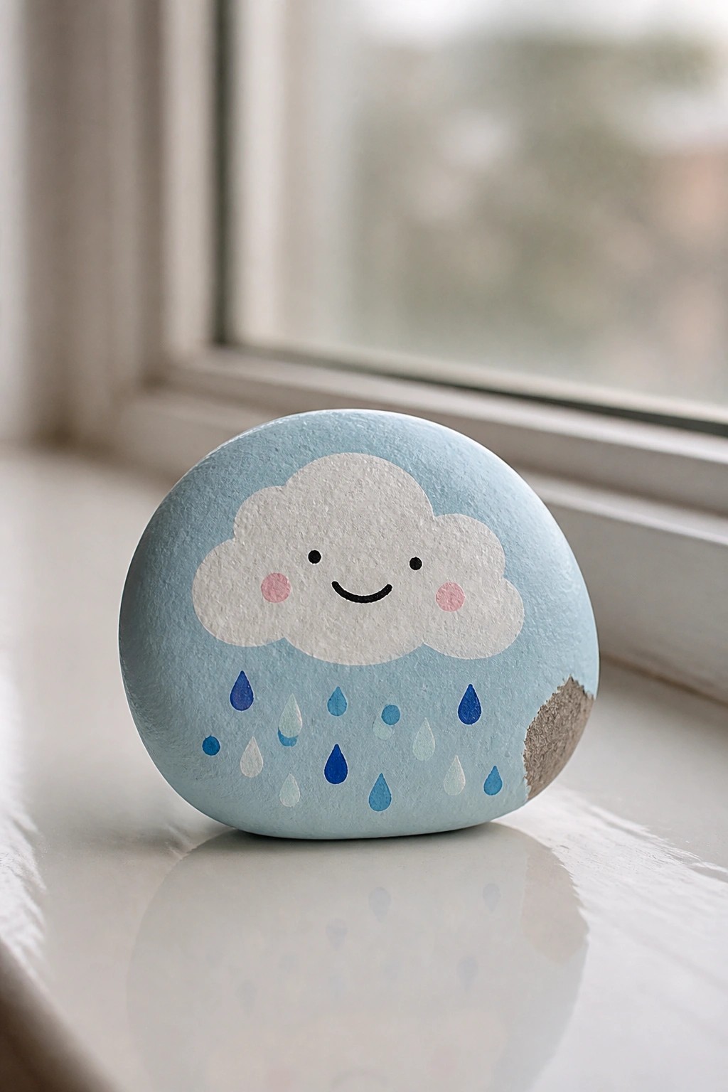 Light blue rock painted with smiling cloud and falling raindrops on windowsill