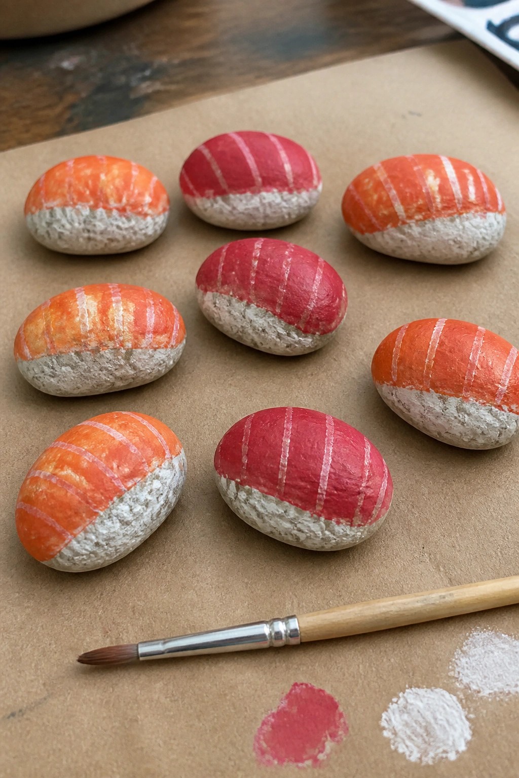 Painted rocks resembling sushi arranged on brown paper with a paintbrush nearby