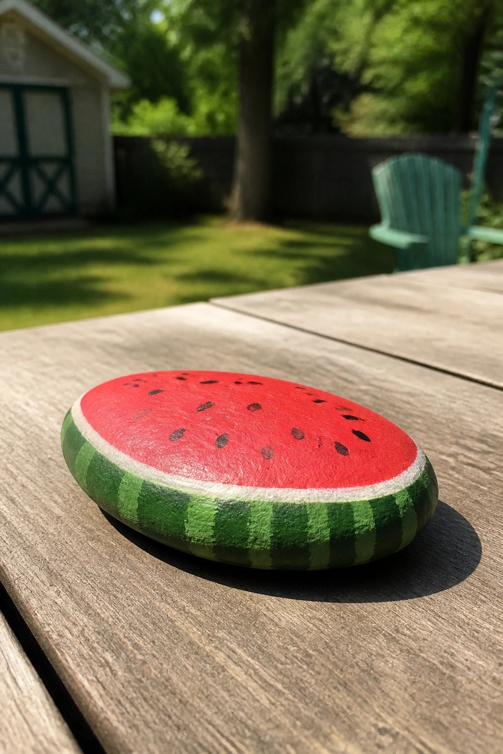 Watermelon-painted rock on wooden table with green chairs and lawn behind