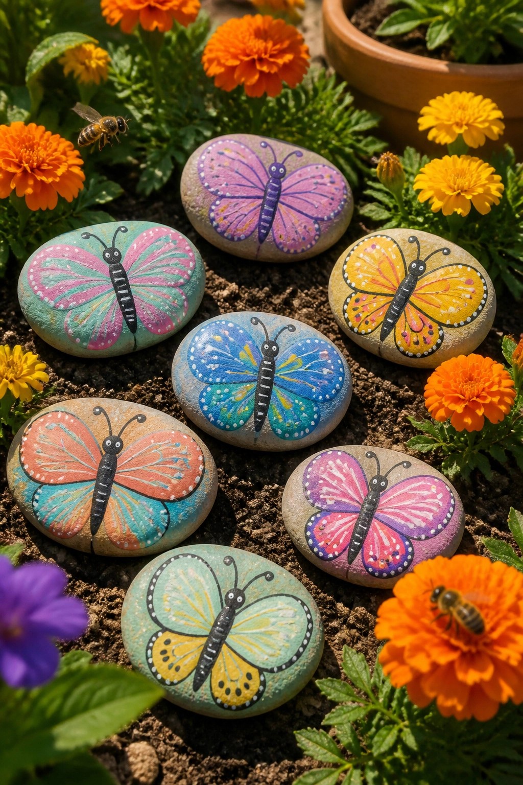 Colorful painted butterfly rocks amid orange flowers and buzzing bees in a garden
