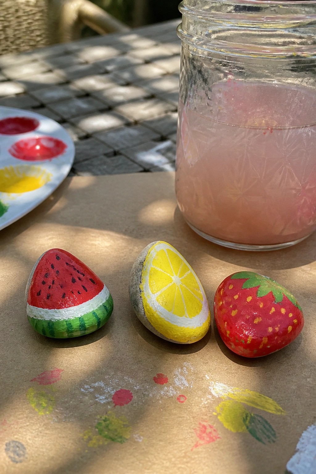 Three rocks painted as watermelon, lemon, and strawberry beside a pink drink jar.