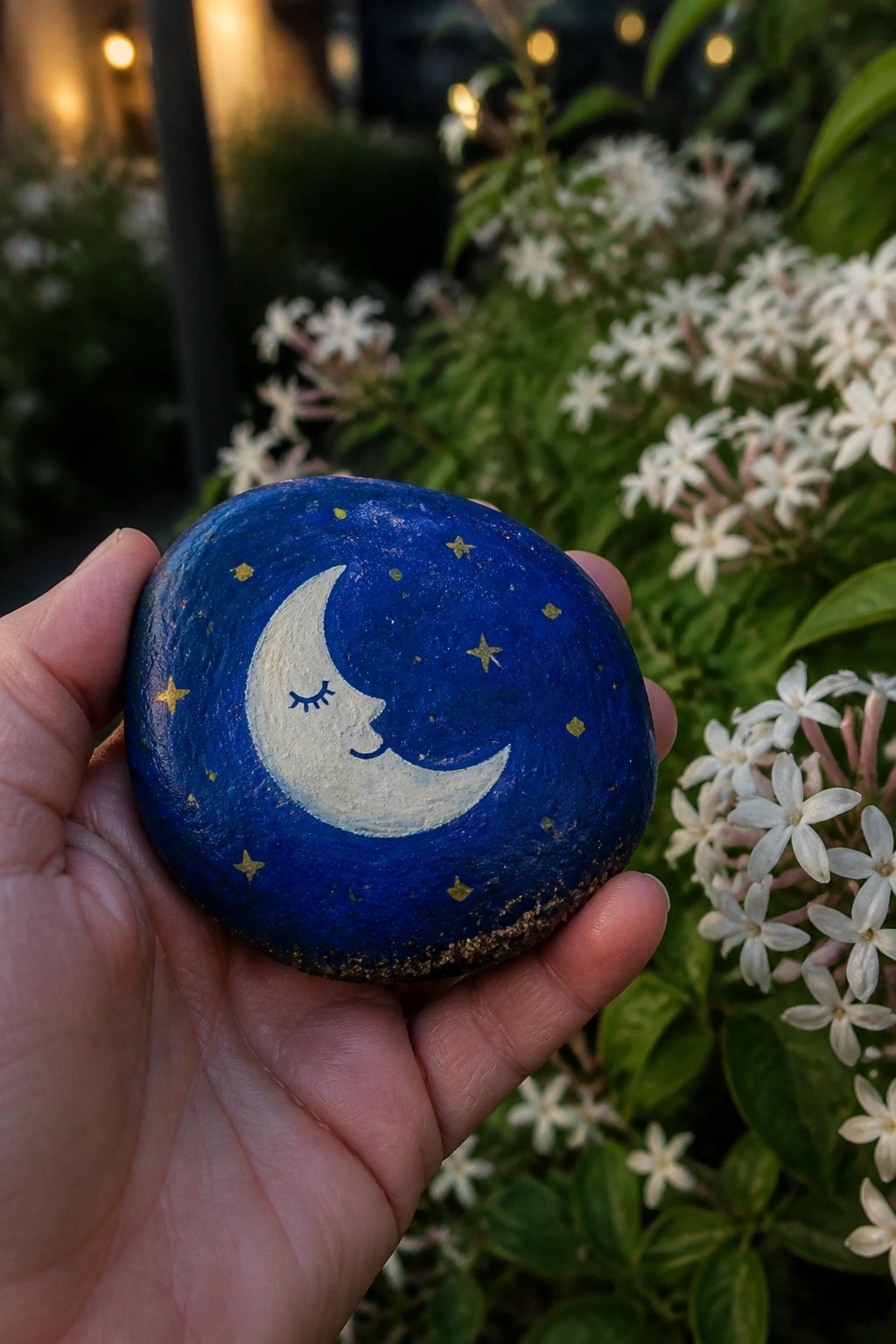 Hand holding blue painted rock with smiling crescent moon and golden stars.