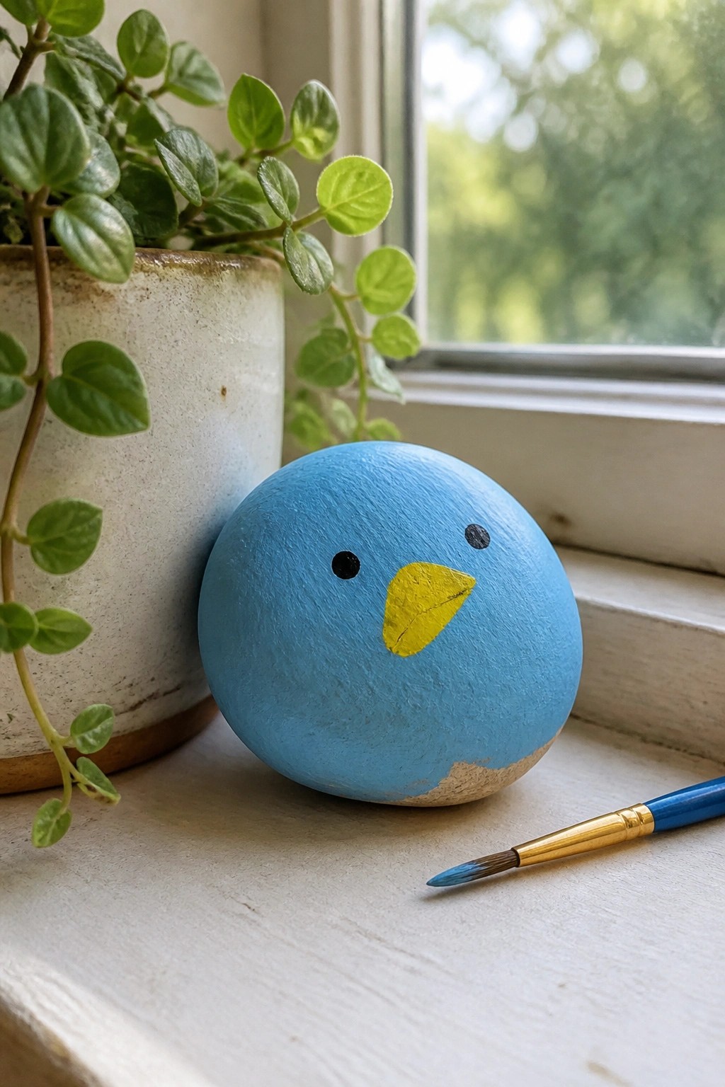 Blue painted rock bird with yellow beak on windowsill beside plant and brush.