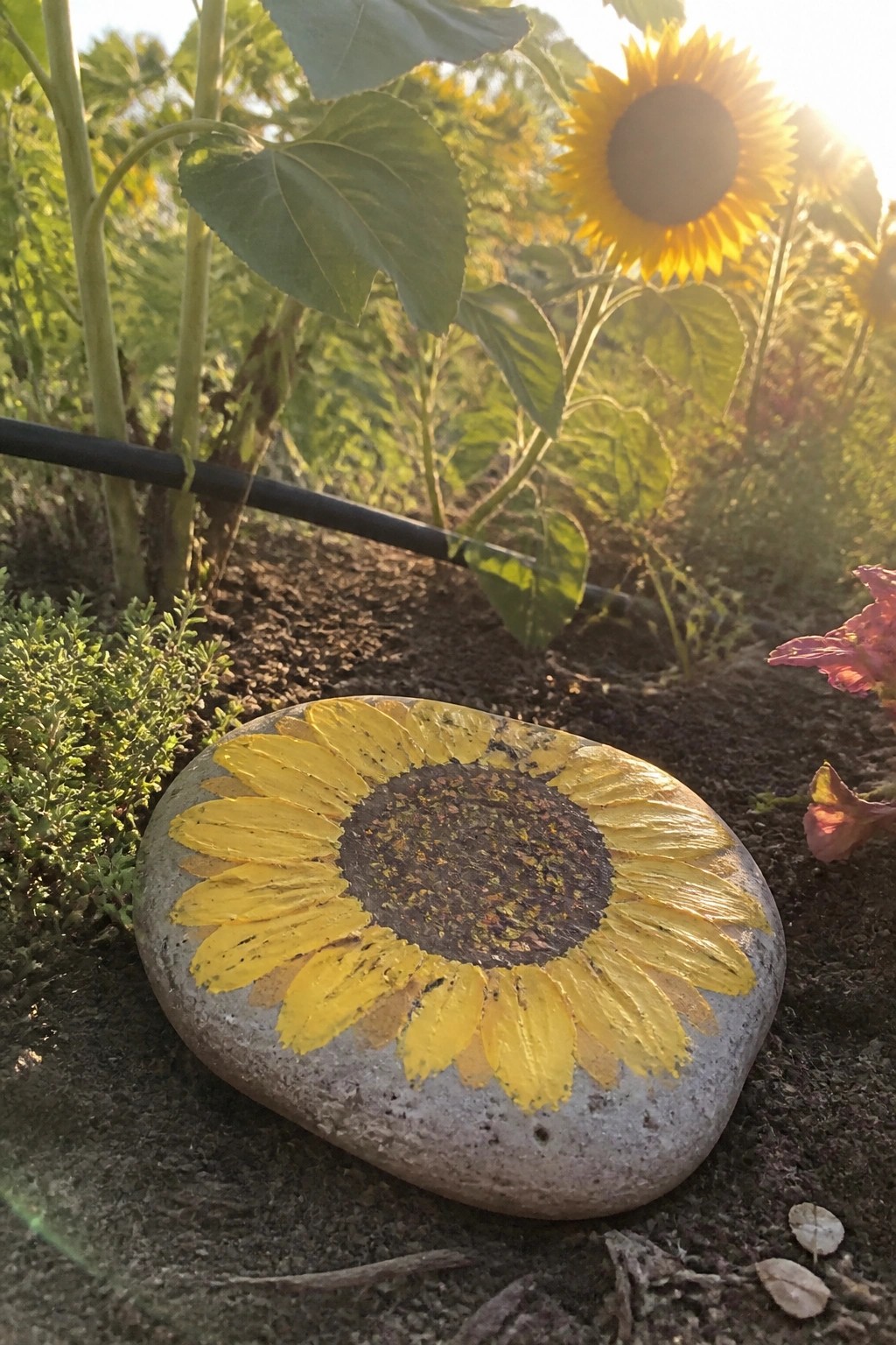 Painted sunflower on gray rock in sunny garden with blooming flowers
