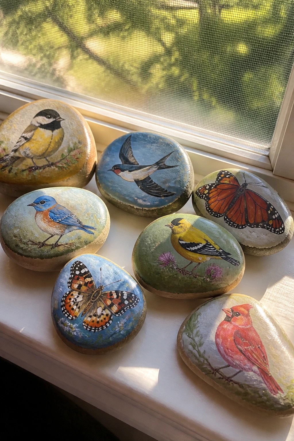 Colorful hand-painted rocks with birds and butterflies arranged on a windowsill.