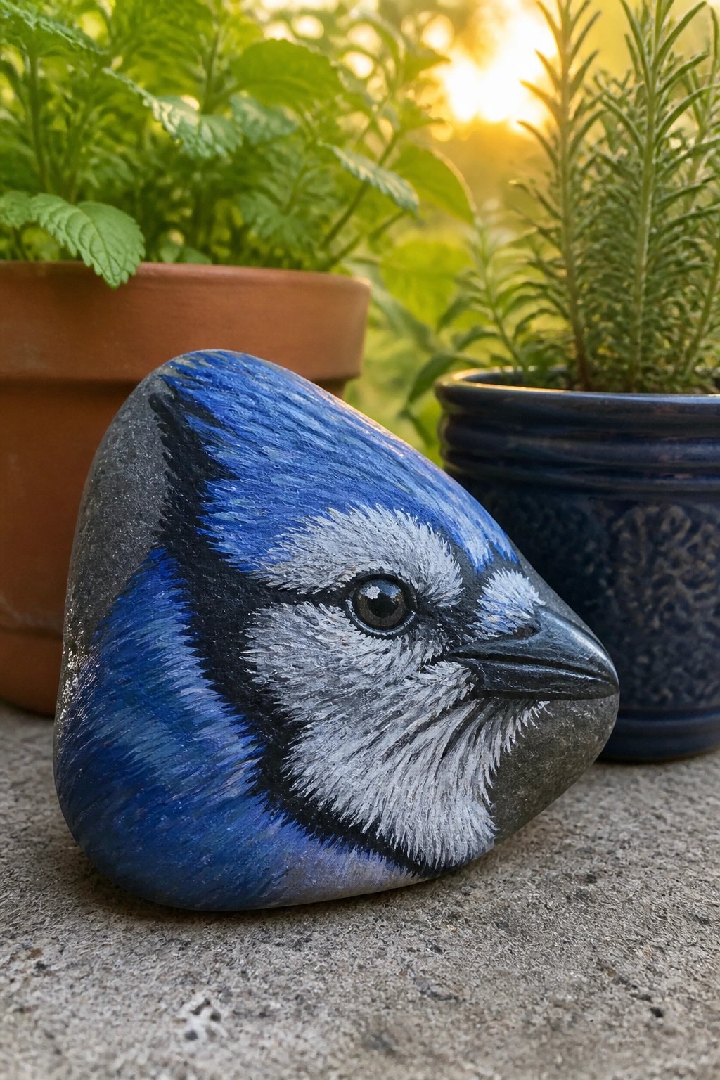 Painted rock resembling blue jay head on concrete near potted plants at sunset