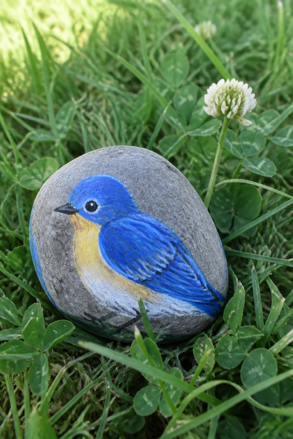 Gray rock painted as blue bird with yellow chest on grass with clover flower