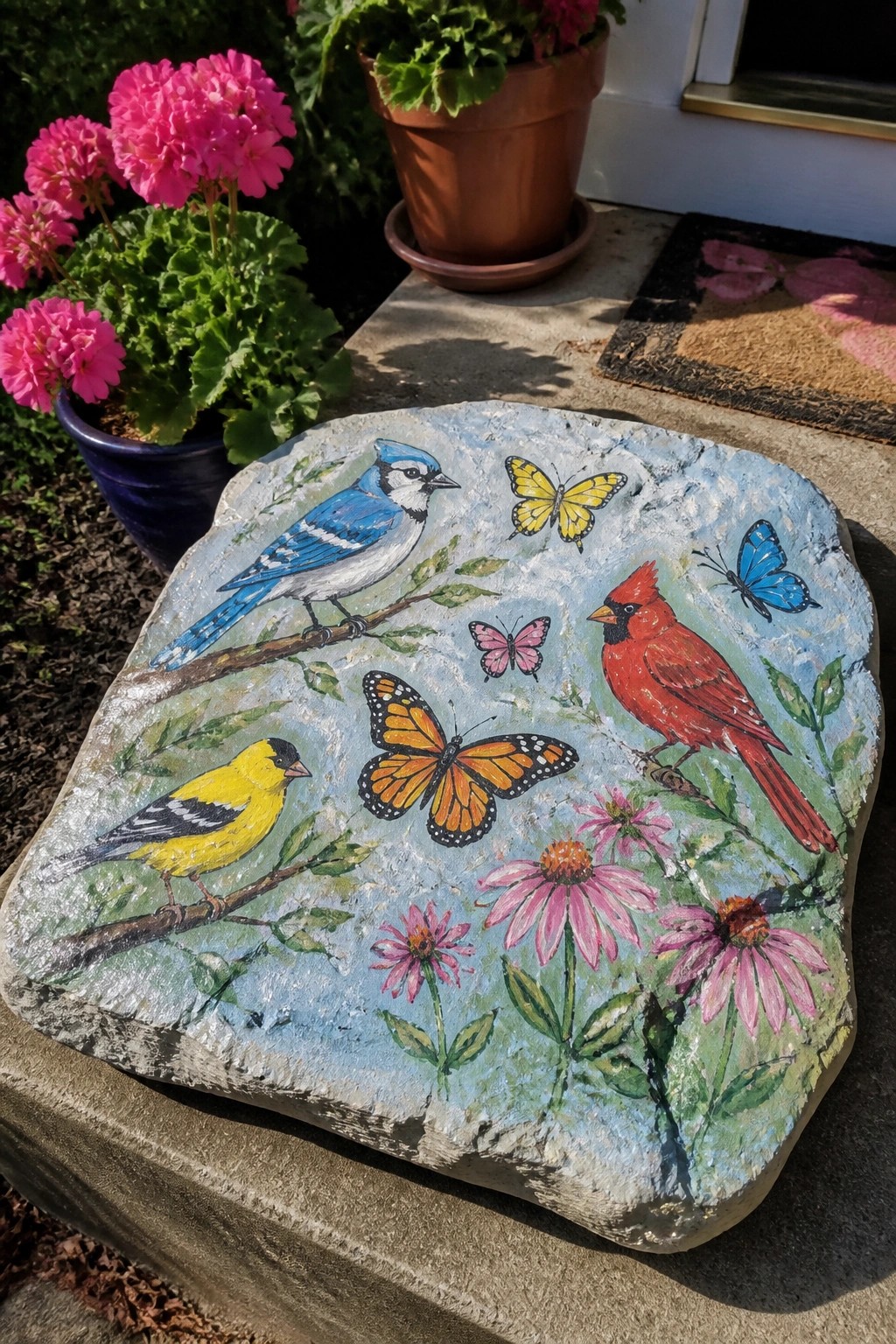 Painted rock with blue jay, cardinal, goldfinch, butterflies, and pink flowers on patio.