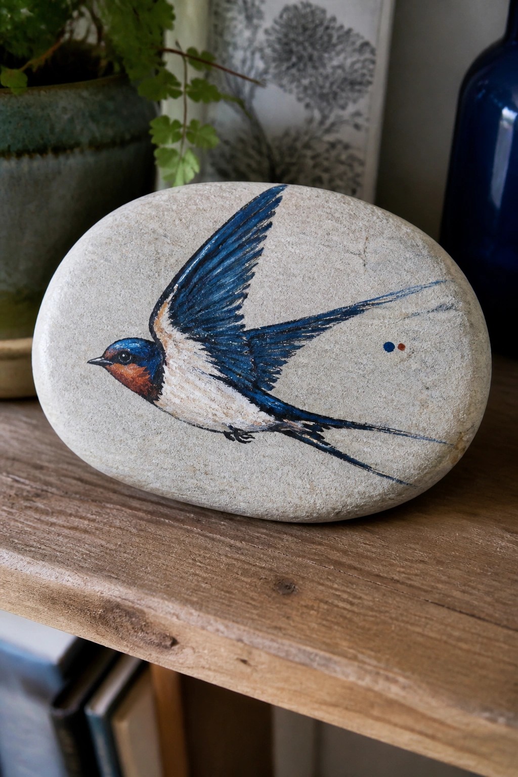 Beige stone painted with blue-winged swallow on wooden table with blue bottle nearby