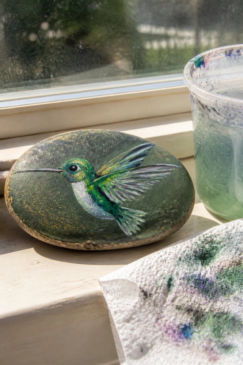 Painted rock with green hummingbird on sunny windowsill beside paint cup and rag