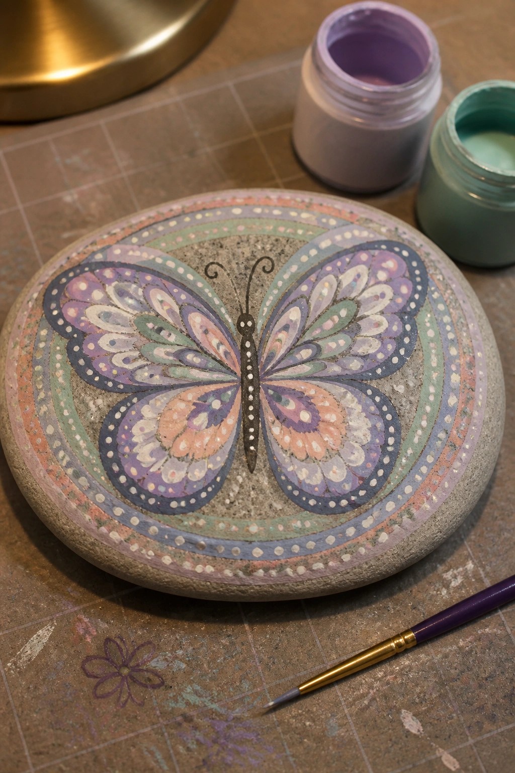 Painted stone with vibrant multicolored butterfly, paint jars, and brush on mat.