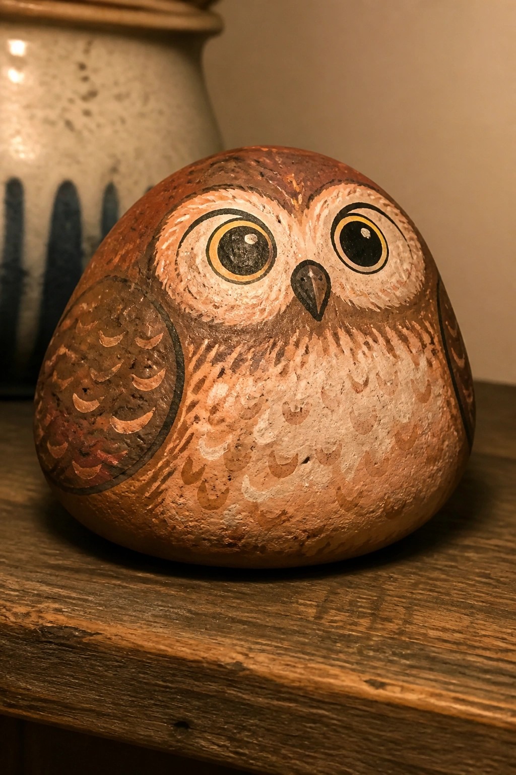 Painted owl rock with large eyes on wooden surface near ceramic vase