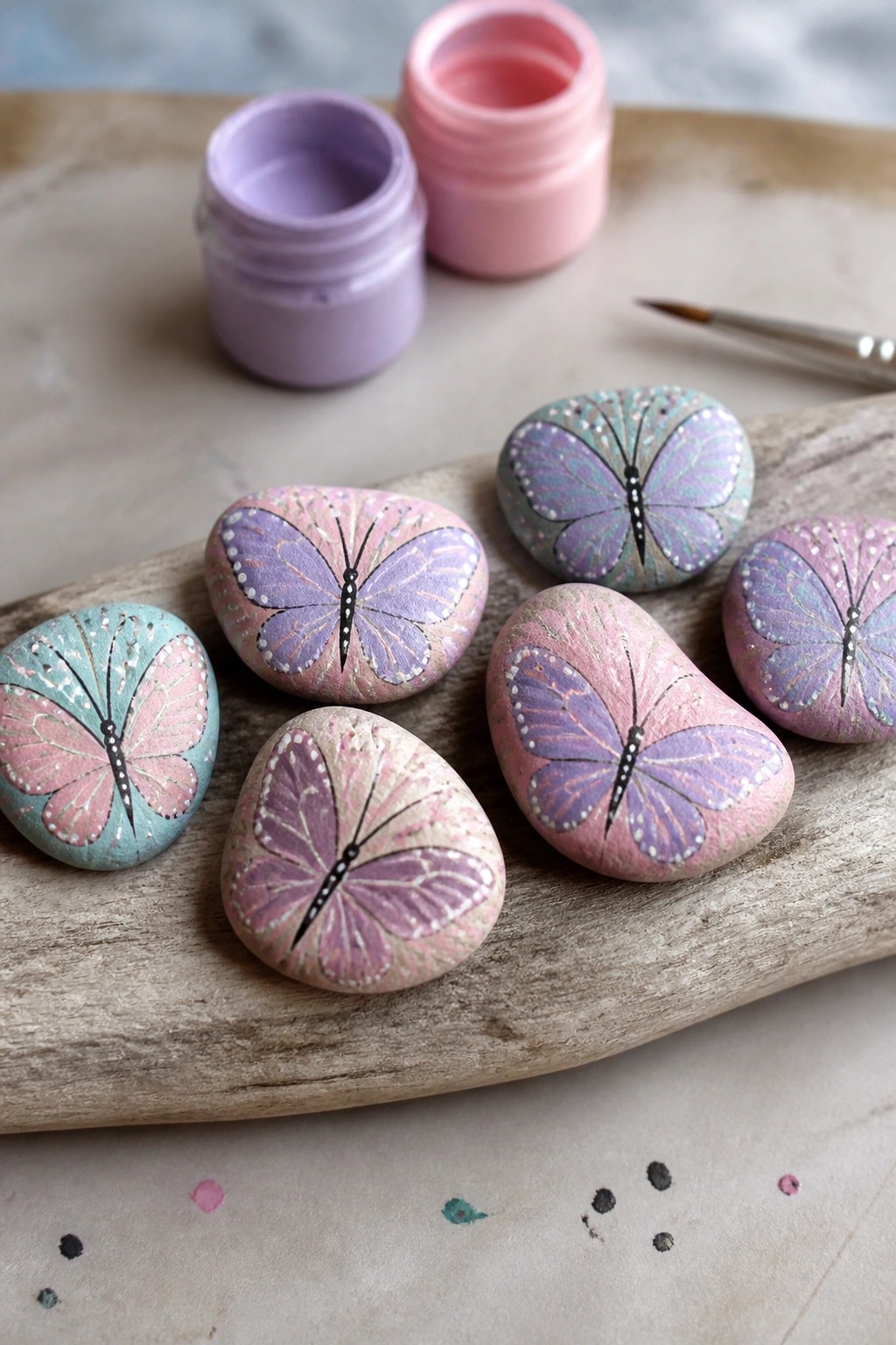 Pastel butterfly-painted rocks on wood with open pink and purple paint jars and brush