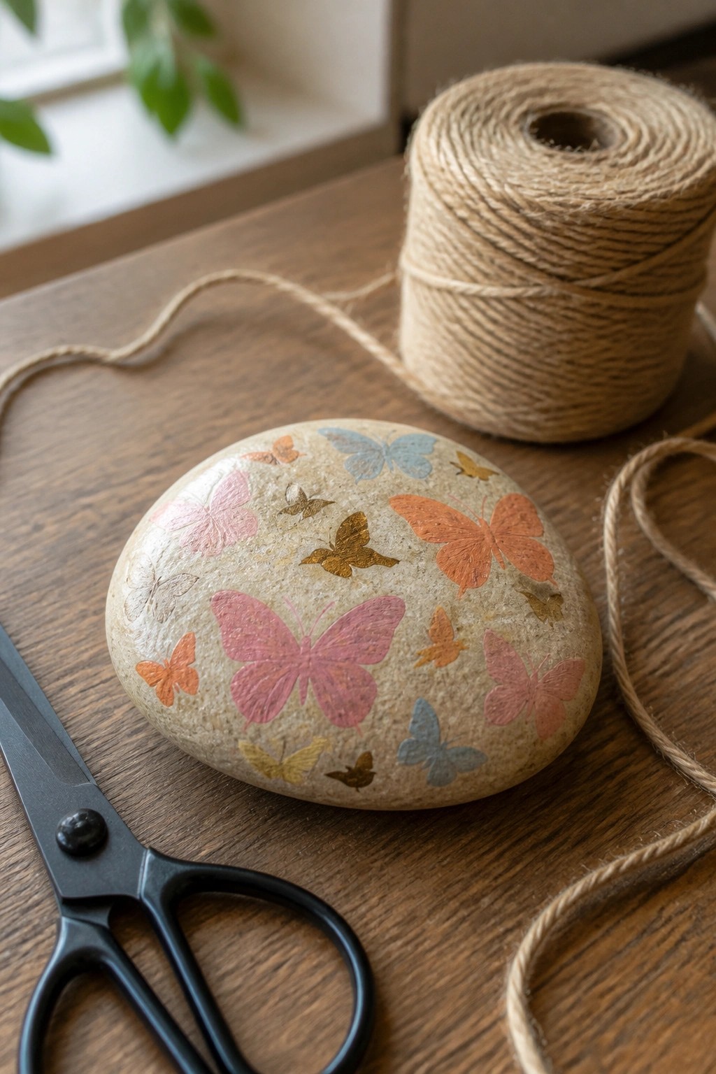 Butterfly-decorated stone beside twine spool and black scissors on wooden table.