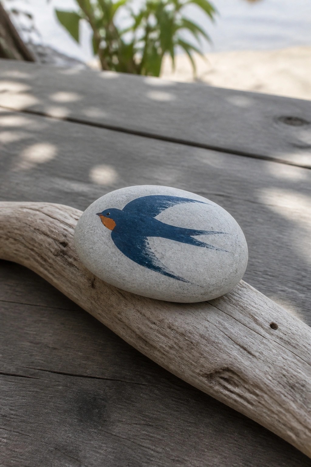 Blue swallow painted on gray stone resting on driftwood by wooden planks