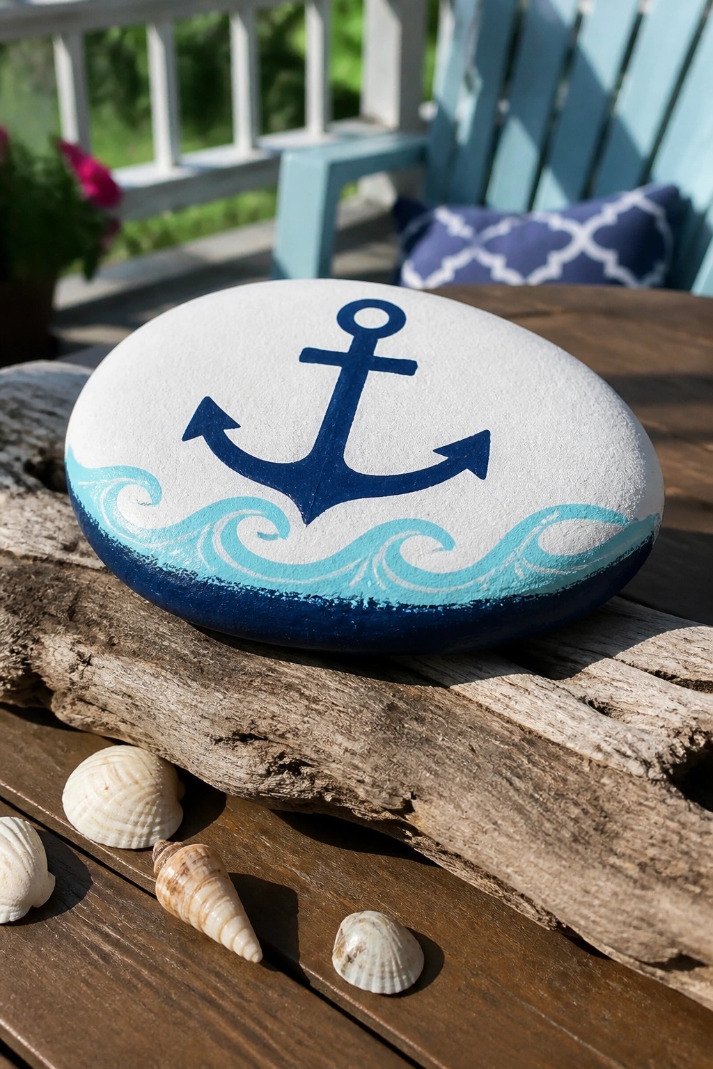 A painted oval rock with a blue anchor on white and waves on blue sits on driftwood with seashells nearby.