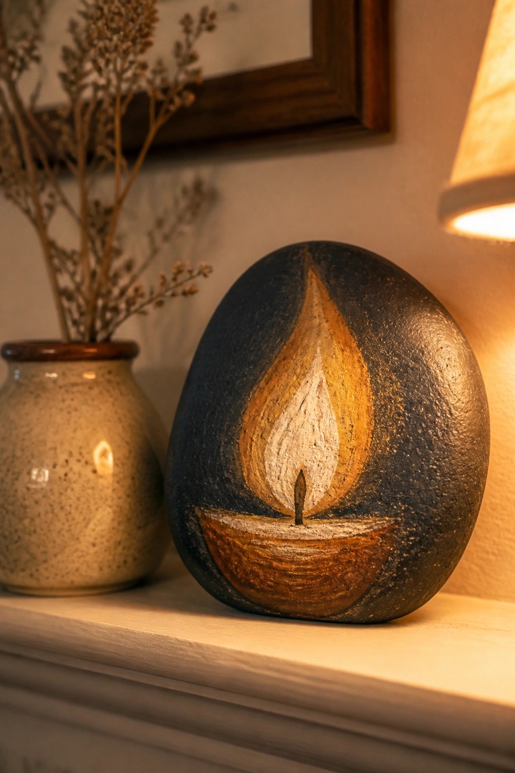 Dark stone painted with golden flame beside speckled vase and warm lamp.