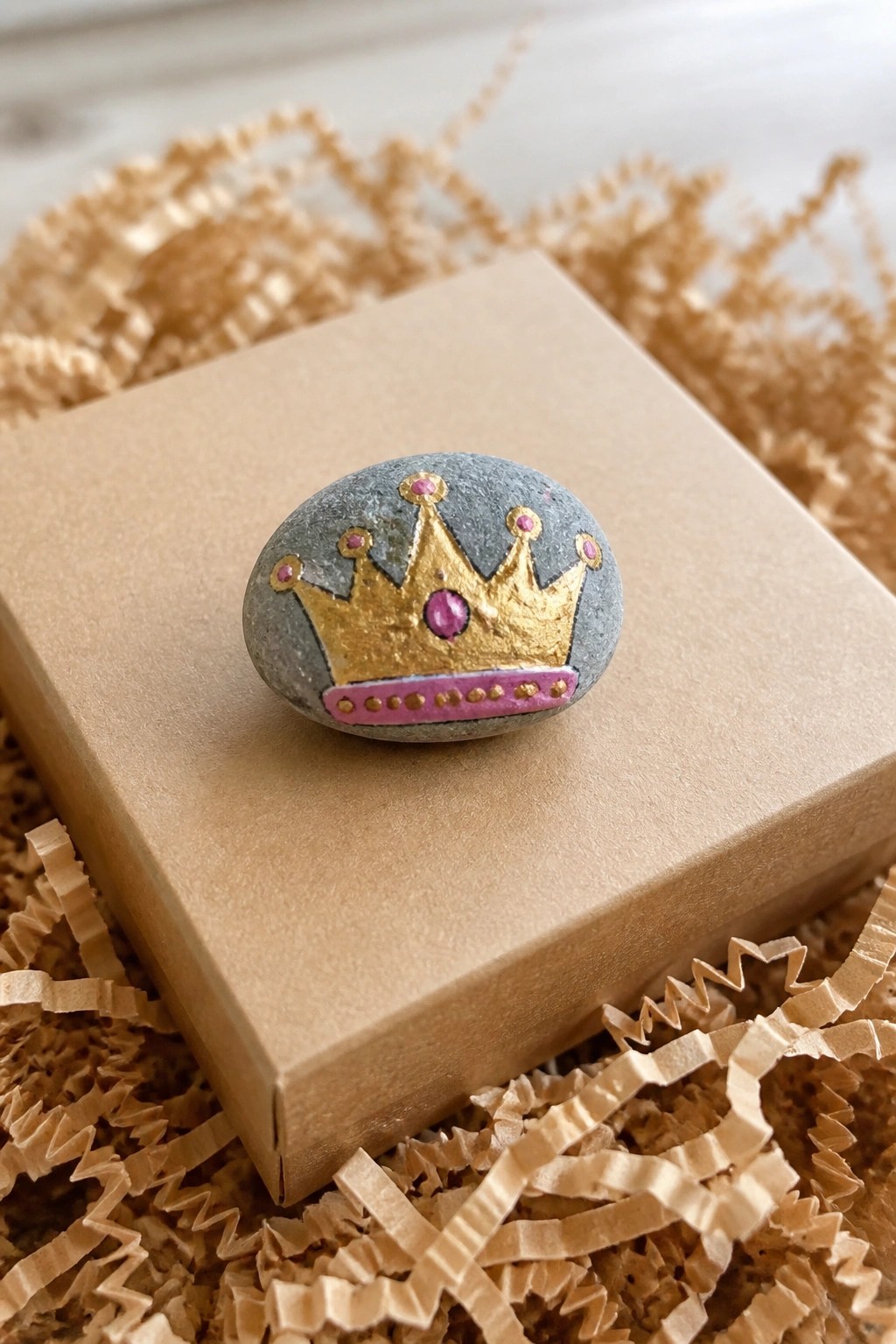 Gray pebble painted with gold crown and pink jewels atop brown box in shredded paper.