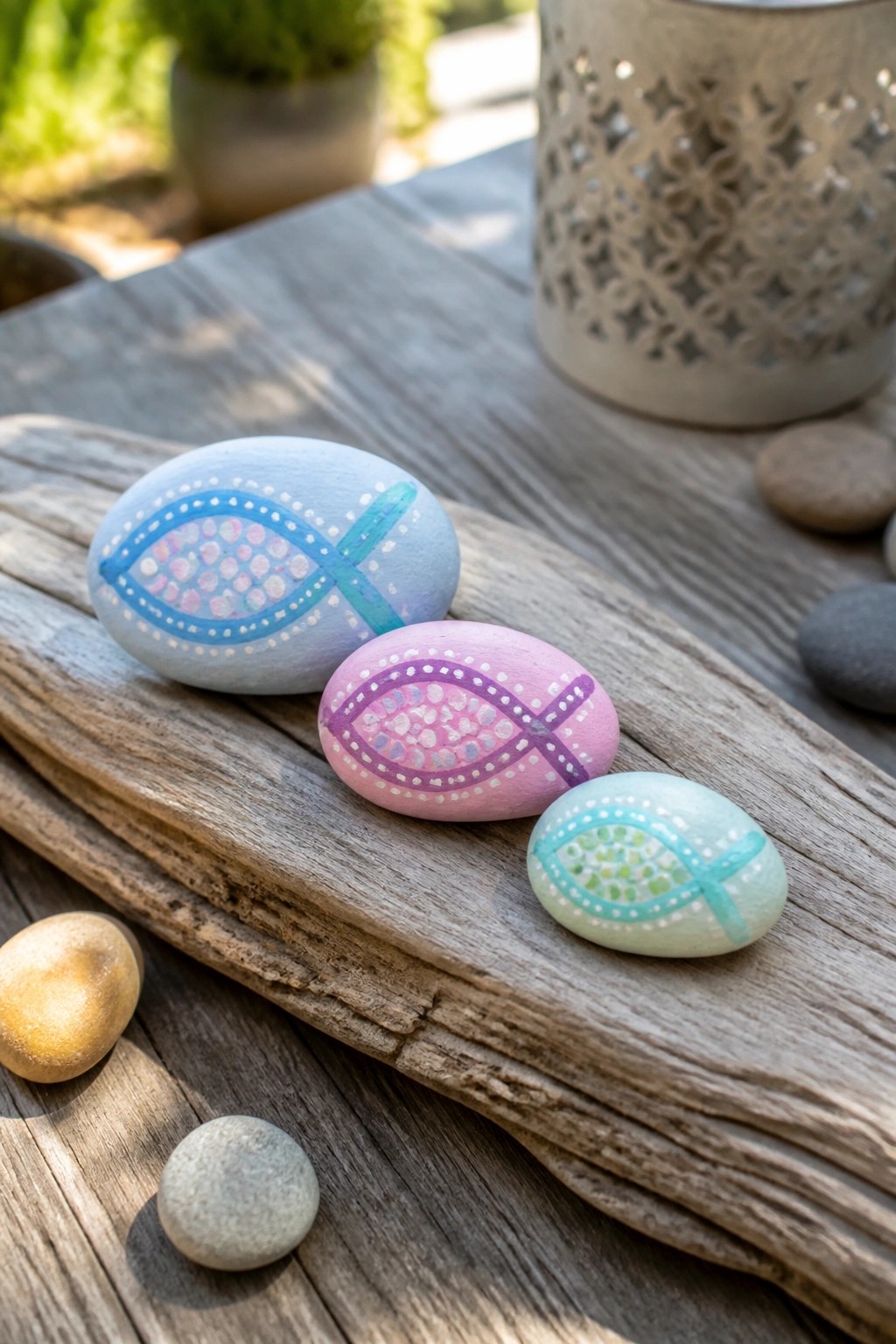 Three painted rocks with fish designs on weathered wooden surface outdoors
