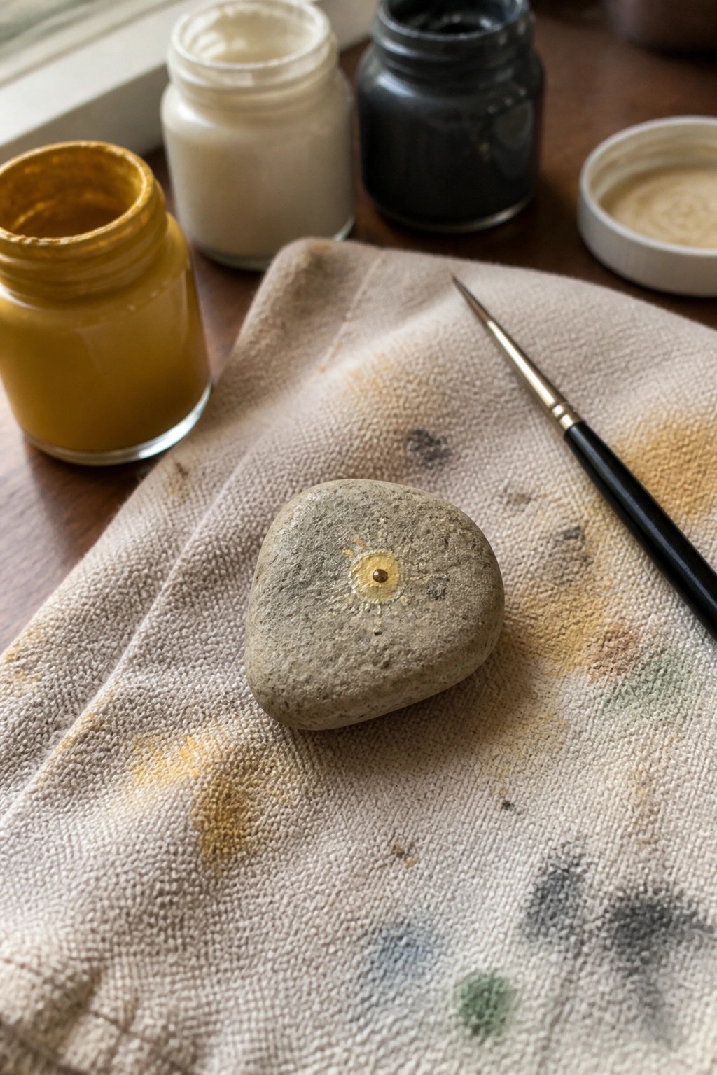 Painted stone with golden sun design on stained cloth near jars and brush