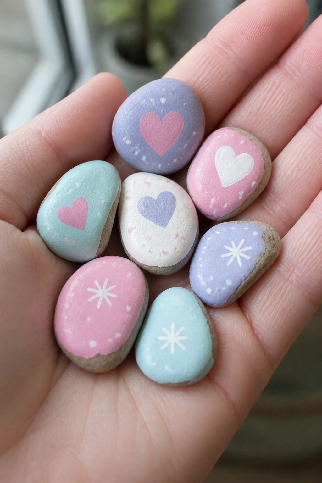 Hand holding pastel-painted rocks with pink hearts, white snowflakes, and speckles
