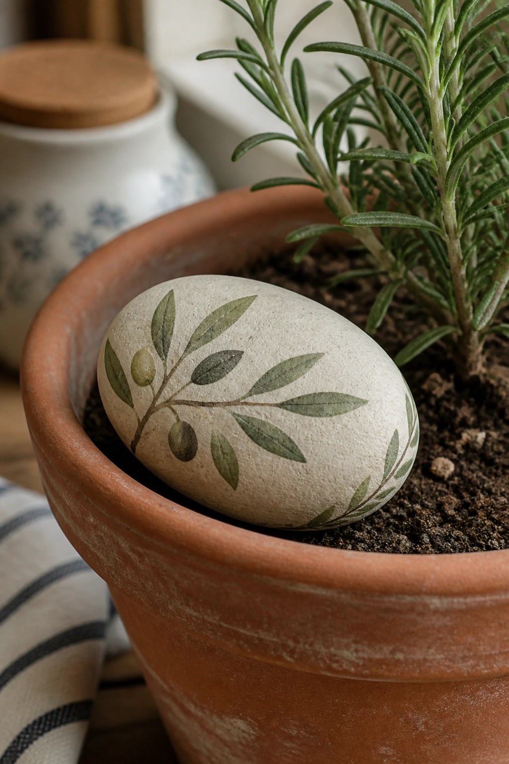 Painted stone with olive branch in terracotta pot beside rosemary plant.