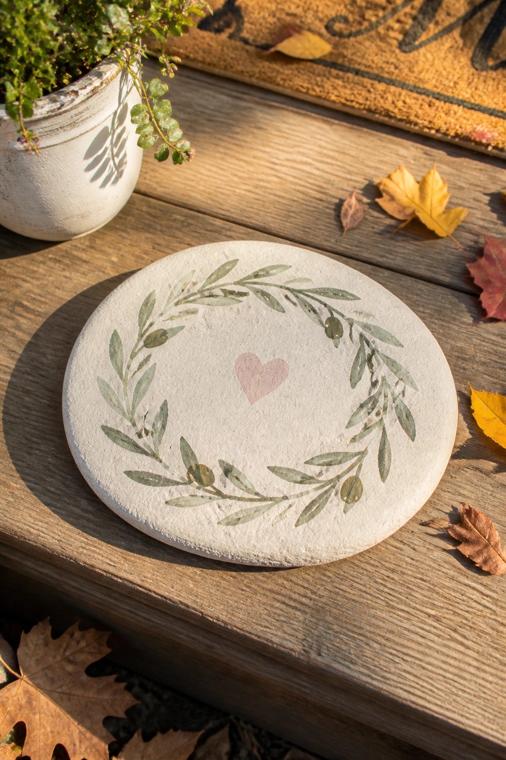 Round concrete plaque with olive wreath and pink heart on wooden porch