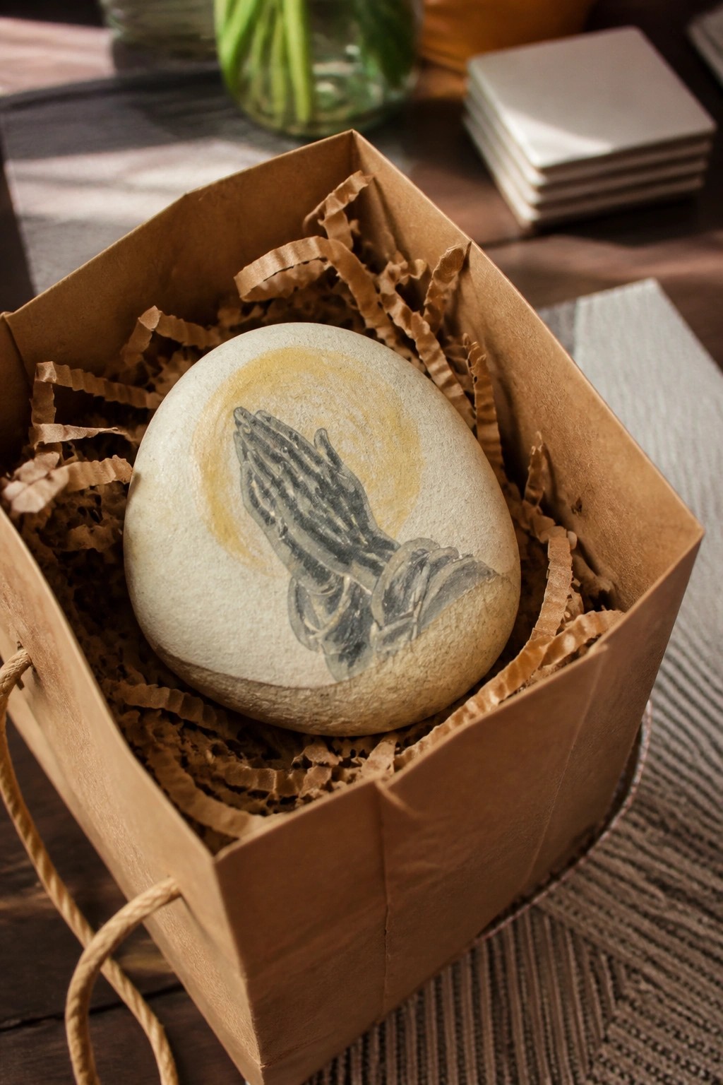 Painted stone with praying hands in open brown gift bag with shredded paper.