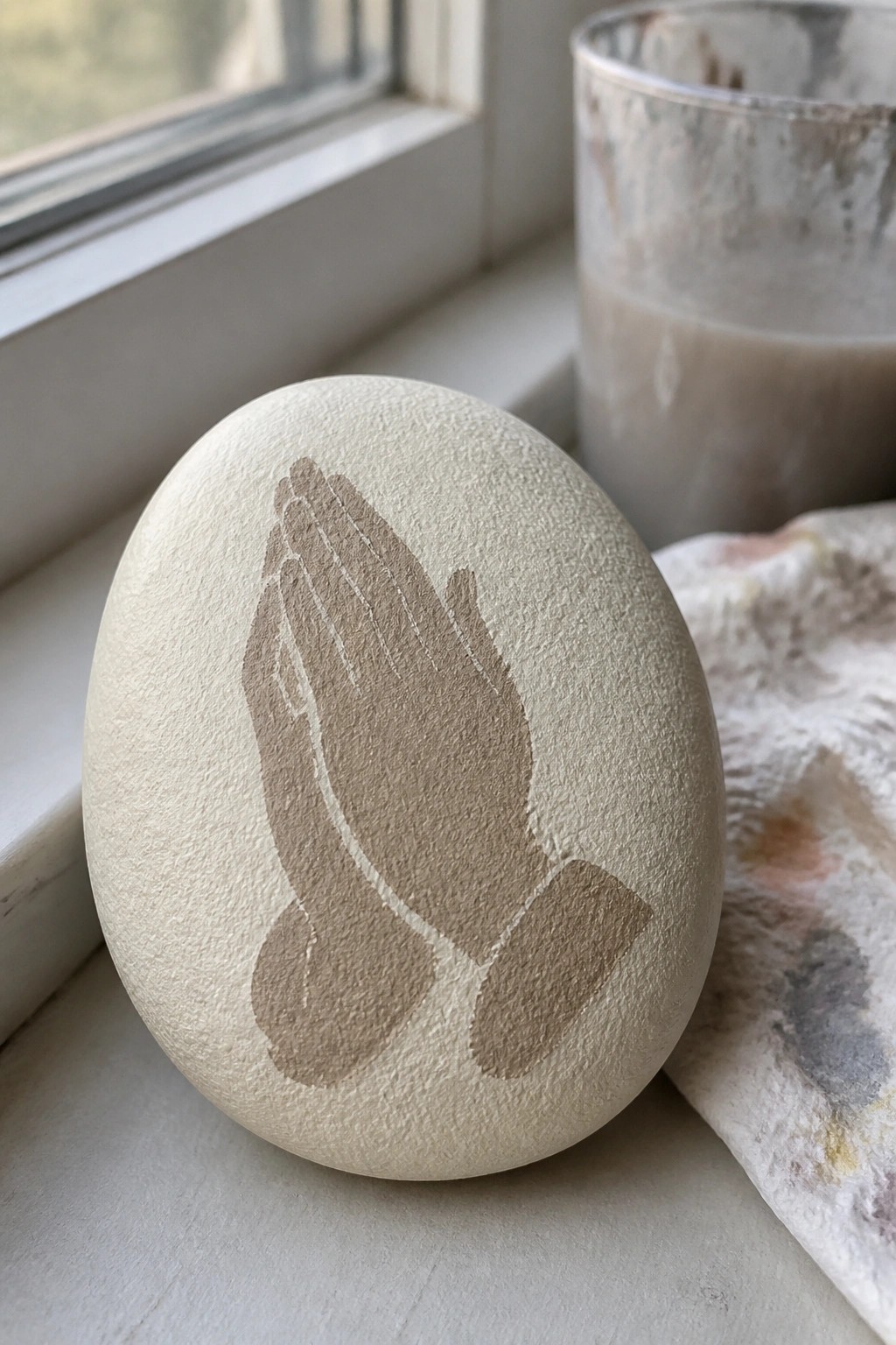 Smooth egg with praying hands on windowsill beside glass and patterned cloth