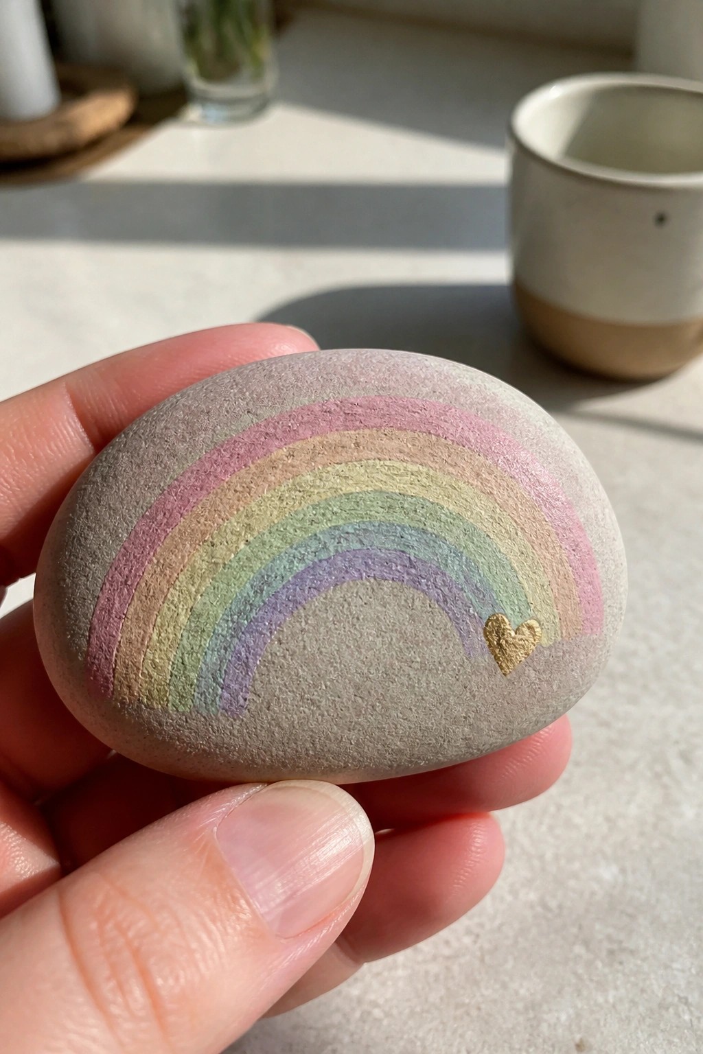 Hand holding smooth gray stone with pastel rainbow and gold heart.