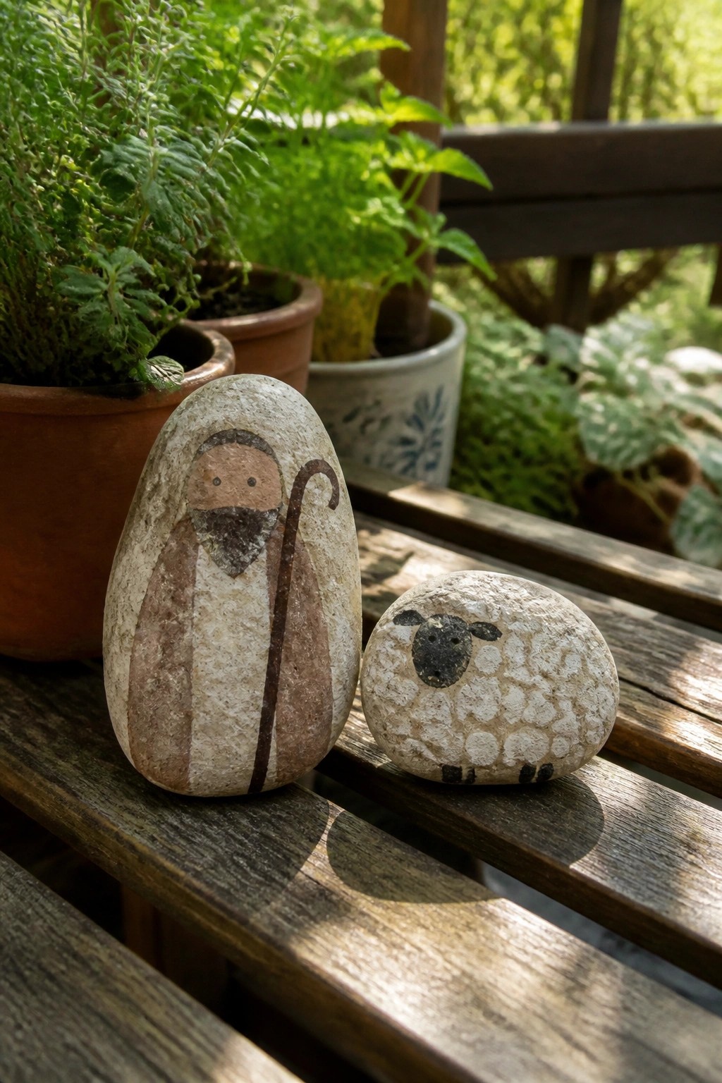 Painted rocks of bearded shepherd with staff and sheep on wooden bench near plants