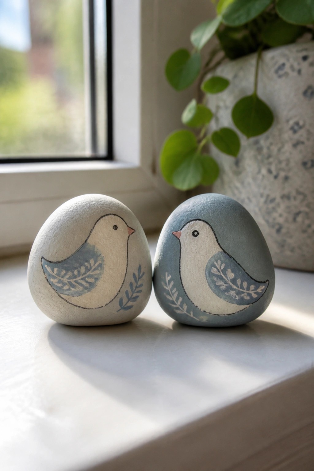 Two painted stone birds, cream and blue with leaf motifs, on a windowsill.