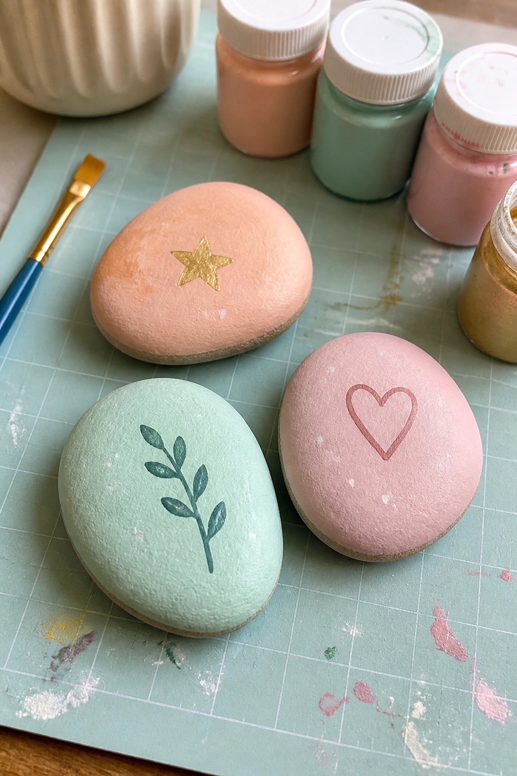 Three painted rocks with gold star, pink heart, and green branch beside paint jars on mat.