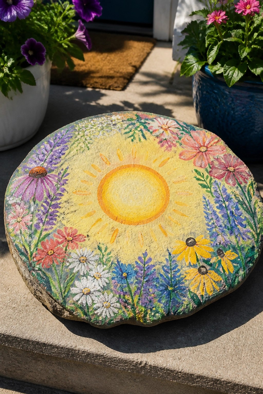 Painted stone with yellow sun and colorful floral border among potted plants.
