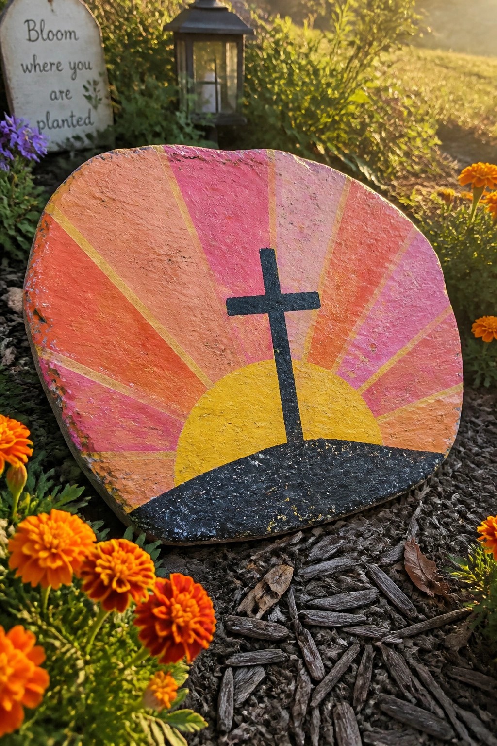 A flat painted rock with pink and orange radiating rays, a yellow sun shape, and a black cross sits in a garden bed surrounded by orange flowers and mulch.
