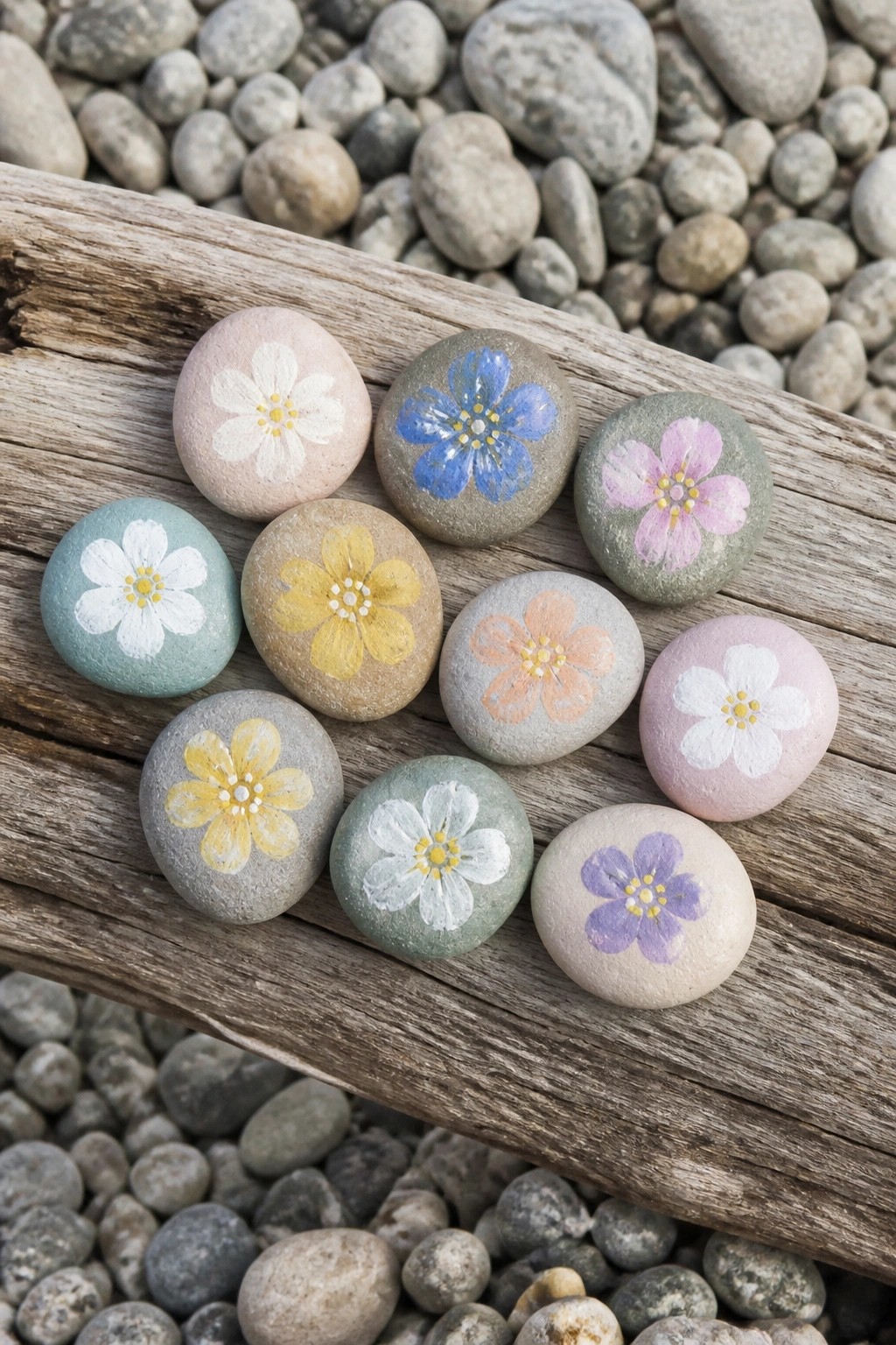 Colorful flower-painted stones arranged on weathered wood amid pebbles