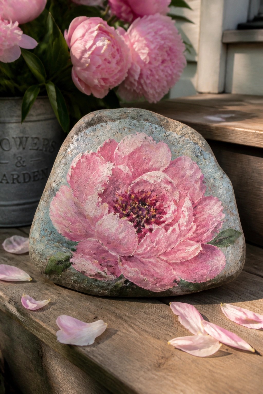 Painted rock with pink peony flower on wooden surface amid scattered petals.
