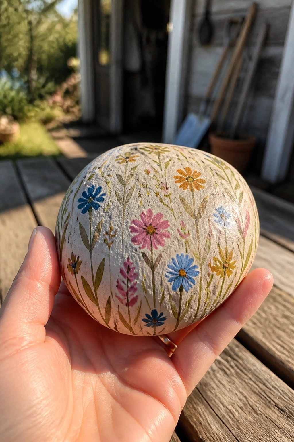 A hand holds a light-colored rounded rock painted with various small flowers and green stems on a wooden surface outdoors.
