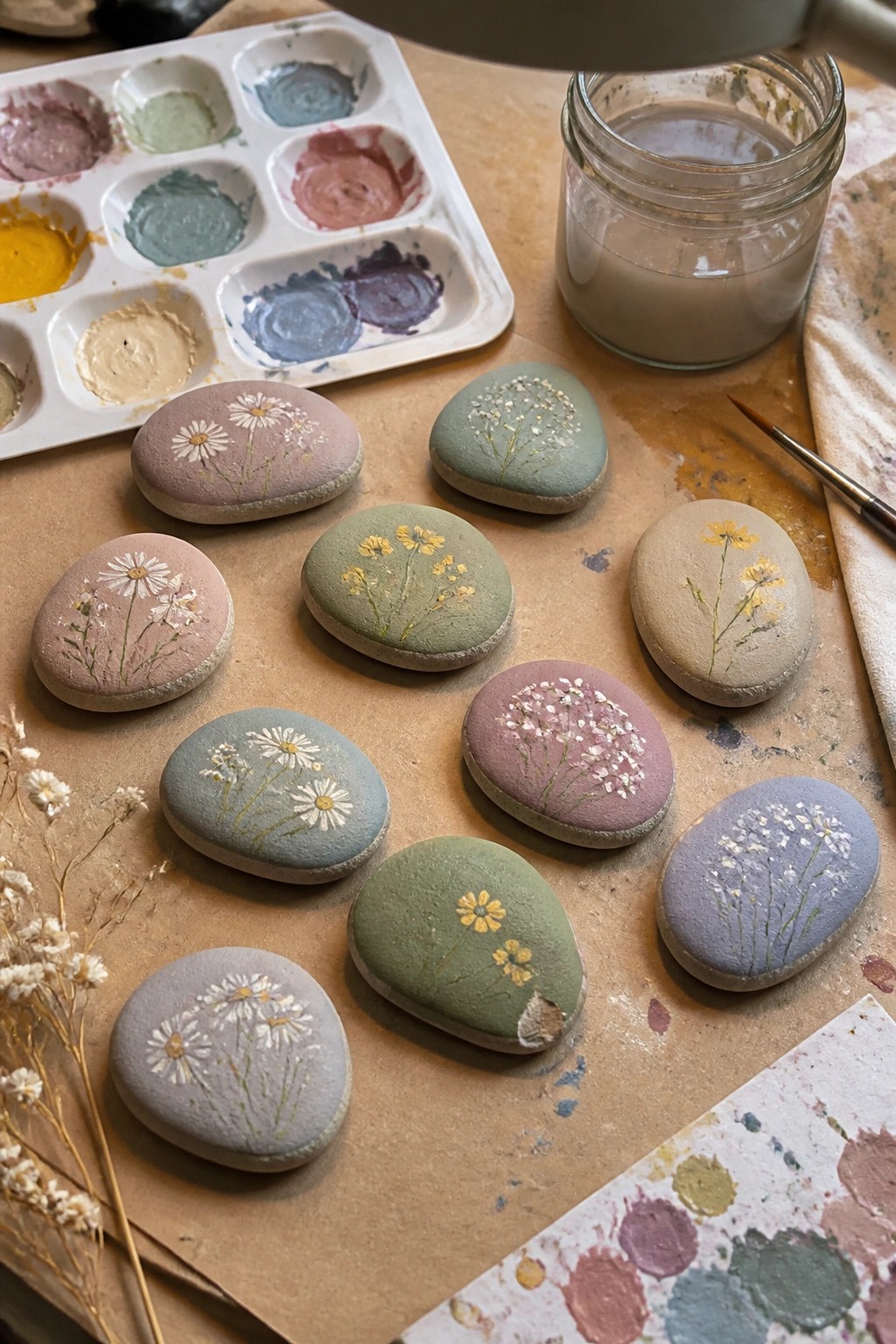 Pastel-painted rocks with daisies and wildflowers beside paint palette and brush.