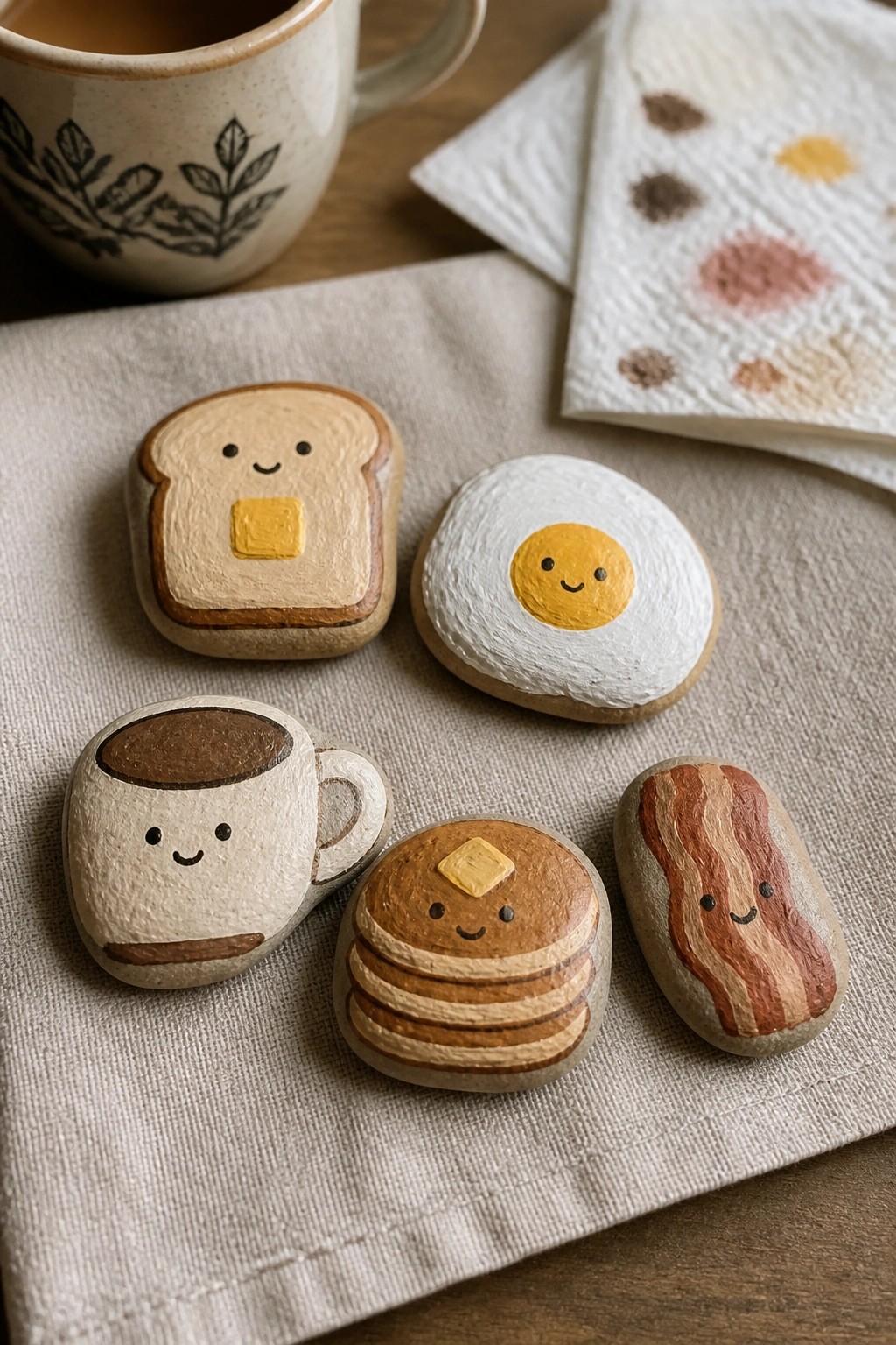 Five painted rocks shaped and colored like toast, a fried egg, a coffee cup, pancakes, and bacon sit on a cloth next to a mug.
