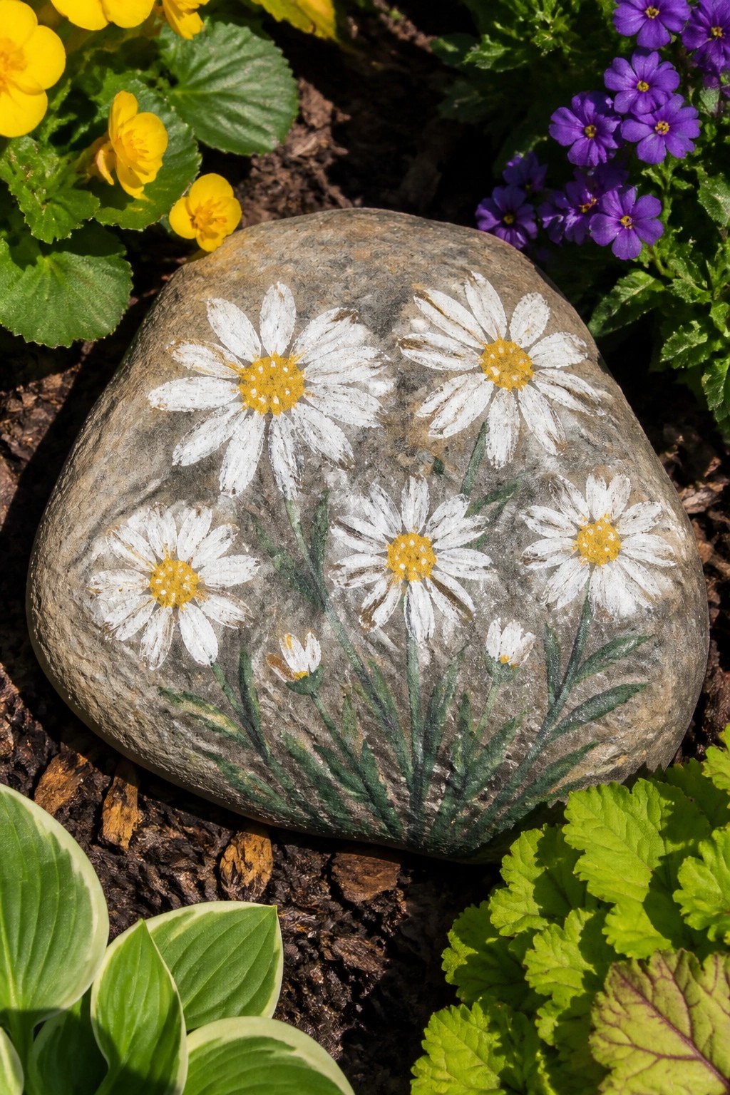 Painted gray rock with white daisies, yellow centers, and green stems in garden