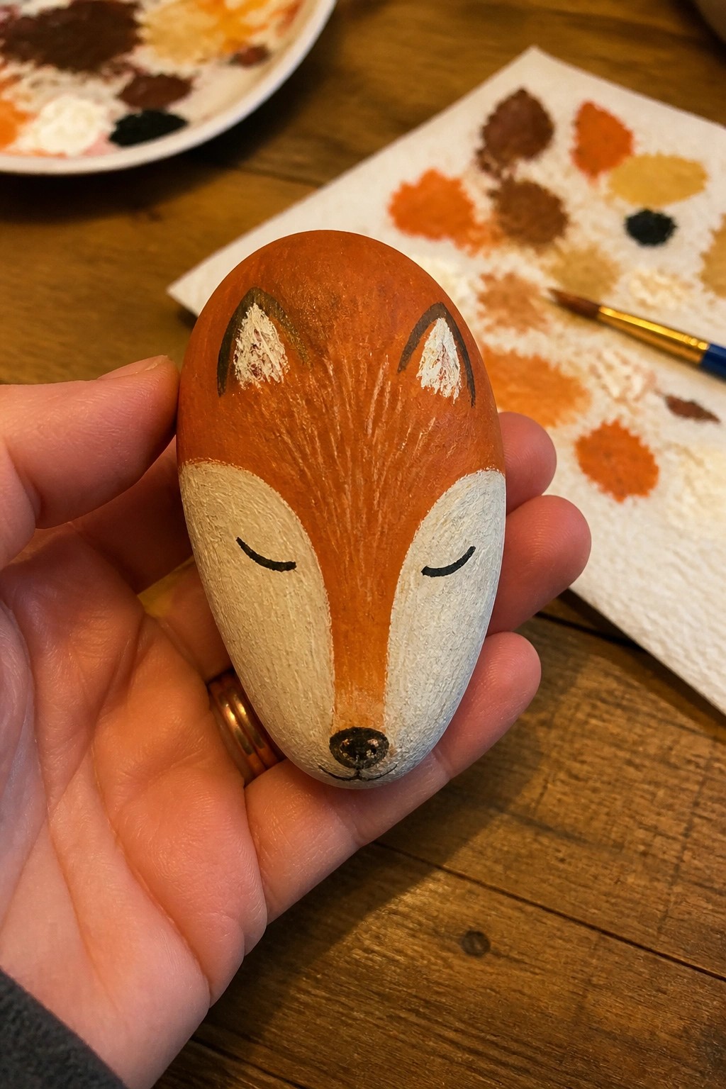 Hand holding orange fox-painted rock with closed eyes amid art supplies