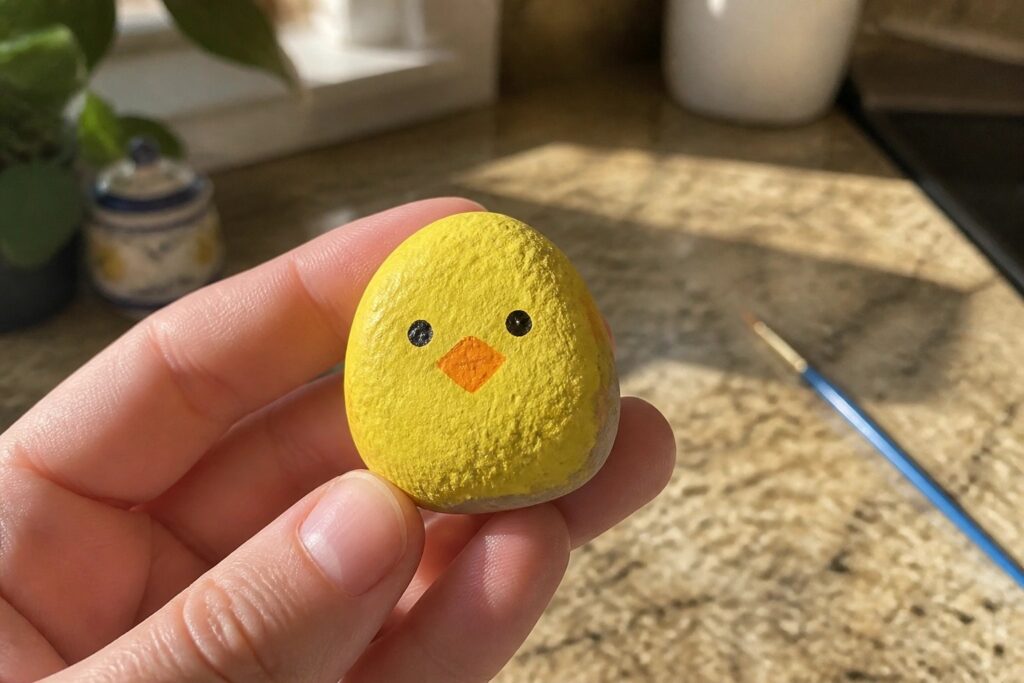 21 Easy Rock Painting Ideas for Beginners Learning Simple Designs Hand holding yellow painted rock chick with black eyes and orange beak.