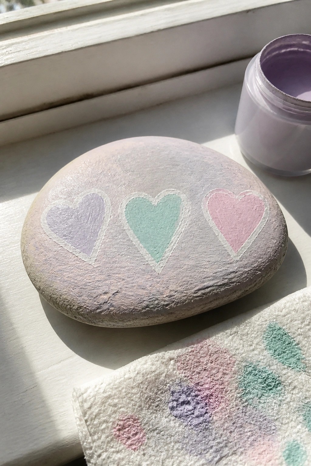 Stone painted with three hearts in purple, green, and pink on windowsill near paint jar