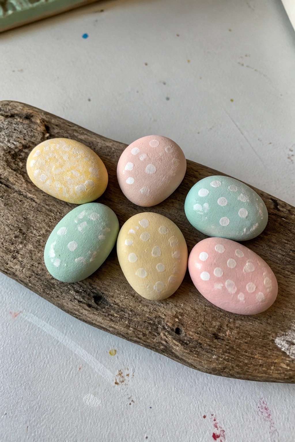 Six pastel polka-dotted rocks in yellow, pink, and mint on driftwood.