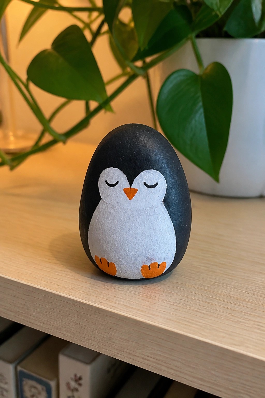 A small oval rock painted as a penguin with black upper half, white lower half, orange beak and feet, and closed eyes, resting on a wooden shelf near a plant.