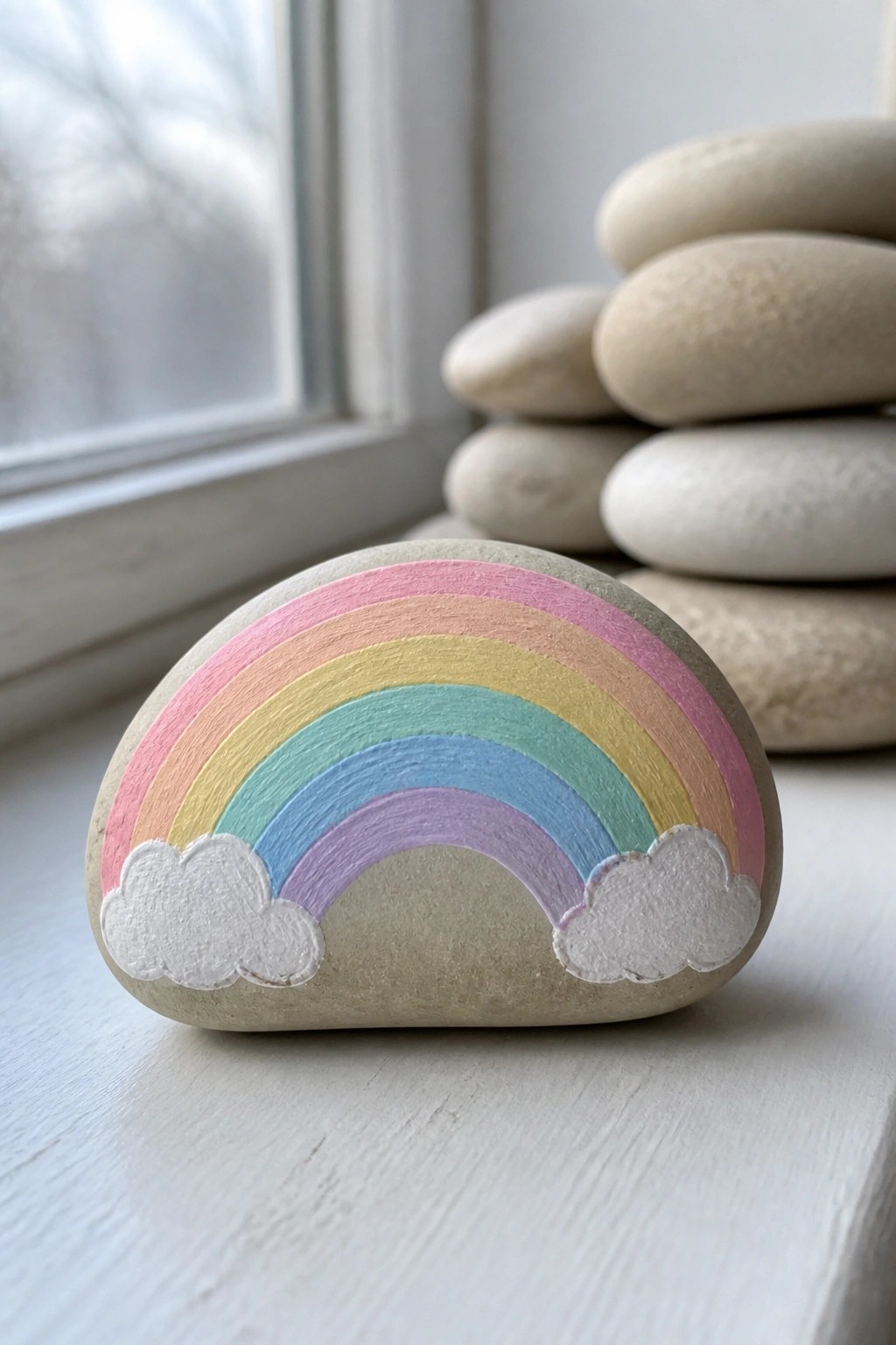 Rainbow-painted stone with colorful arcs and white clouds beside stacked rocks on a sill.