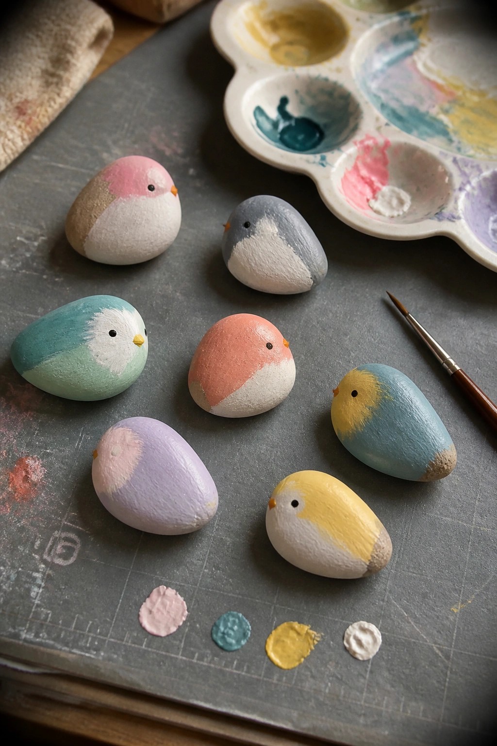 Pastel painted stone birds on gray mat with watercolor palette and brush.