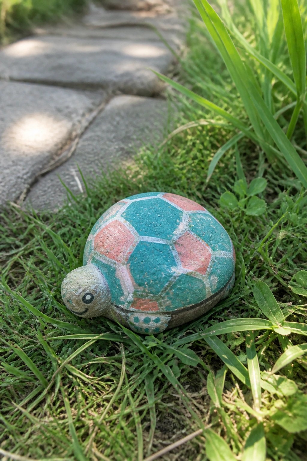 A painted rock shaped like a turtle with a teal and coral shell sits in grass near a stone path.