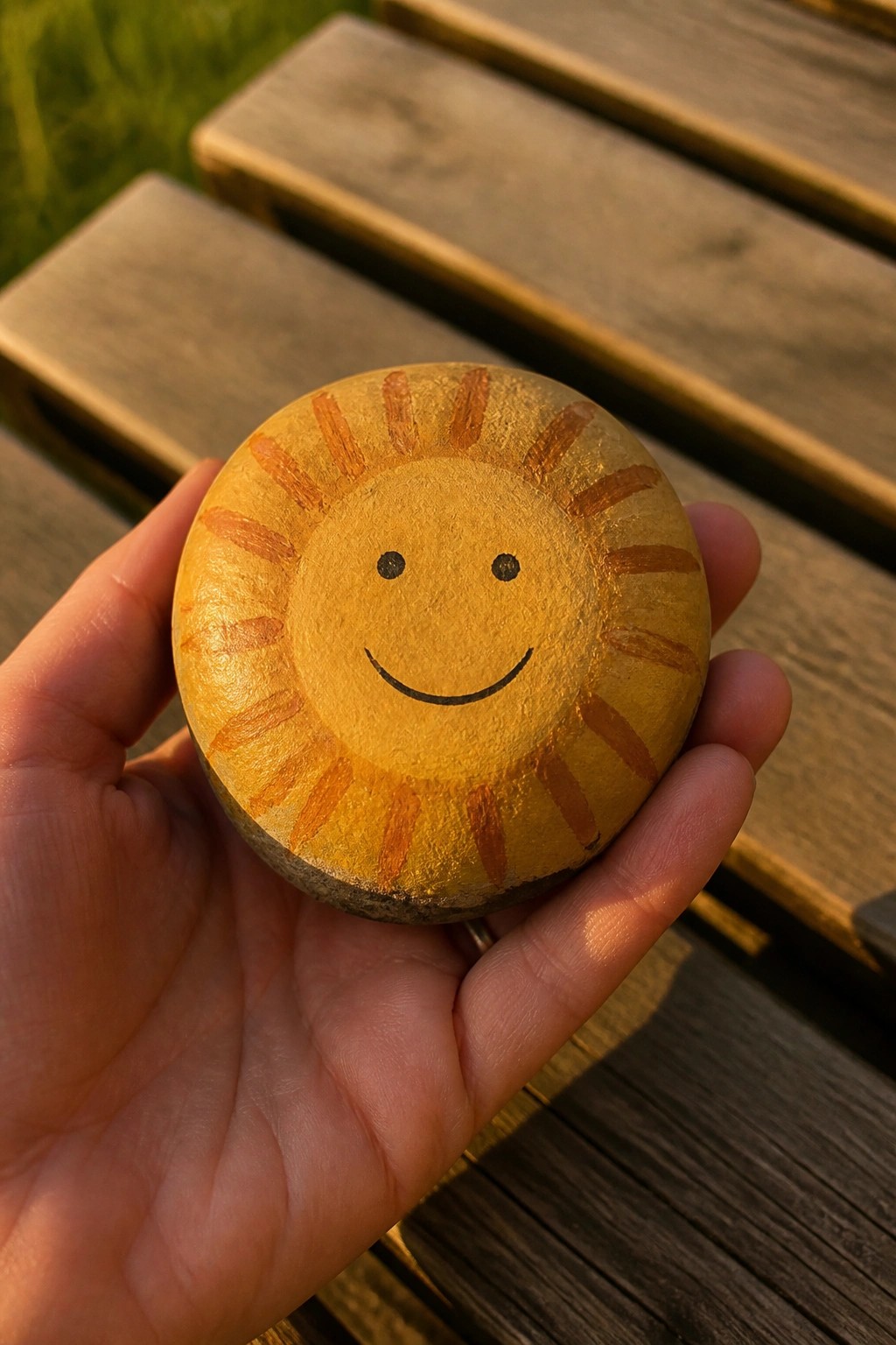 Hand holding yellow rock painted as smiling sun with orange rays.